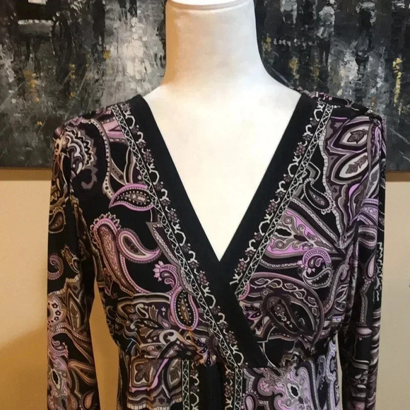 I.N.C. Black & Purple Paisley Print Stretch Shark Tail Hem V-Neck Dress Size L - Picture 5 of 8
